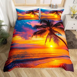 Feelyou Women Ocean Beach Duvet Cover for Kids Adults Girls Chic Sea Sunset Scenery Comforter Cover Tropical Palm Tree Bedding Set Hawaiian Holiday Bedspread Cover Room Decor King Size Bedclothes