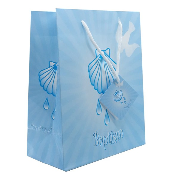 Gift Bag for Baptism | Baptismal Seashell and Holy Spirit Design | Pink or Blue | Includes Tissue Paper | Christian Catholic Gift Wrap | "Baptized in Christ" (Blue (10" x 8"))