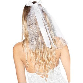 Satin Bow Netted Mesh Veil Clip - White - Hair Veil Clip for Women - Classic, Bow, Solid, Adult, Female (White, One size)