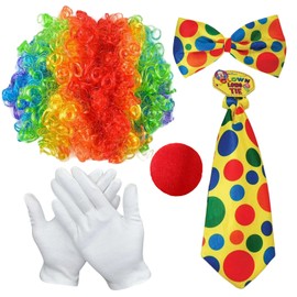 Angenster Clown Costume Accessory, 5-Piece Clown Costume Set with Colourful Clown Wig, Clown Nose, Bow Tie, Tie and Gloves, Circus Costume for Carnival, Easter, Men and Women