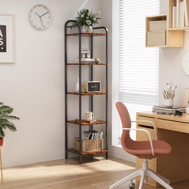 ZERDER 5 Tier Bookshelf, Bookcase with 5 Shelves, Storage Rack Organizer, Corner Wood Storage Shelf with Metal Frame for Bedroom, Living Room, Rustic Brown