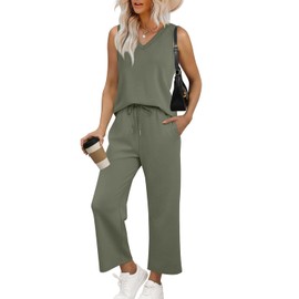 WIHOLL 2 Piece Sets for Women Dressy Casual Summer Outfits Wide Leg Crop Pant Sets Women Two Piece Outfits Olive L