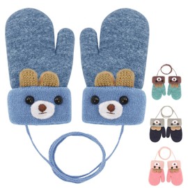 Becellen Baby Mittens, Warm Soft Toddler Knitted Gloves with Lanyard Cute Cartoon Pattern Design Mittens Baby Double Winter Gloves for 0-3 Years Boys Girls, blue