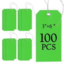 100 Pieces 3x6 inch Large Plastic Shipping Tags with String Heavy Duty Waterproof Hang Tags with String Attached Writable Wire Tags Labels for Luggage Garage Inventory Car Parts (Green)