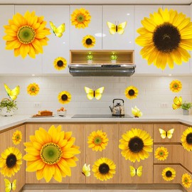 54 Pcs 3D Sunflowers and Butterfly Wall Stickers Decor - Large Sunflower Wall Decals Peel and Stick Yellow Flowers Stickers for Home Kitchen Bedroom Bathroom Living Room Decorations
