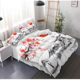 CXYXHW Cherry Blossom Bedding Set, Japanese Sakura Duvet Cover, Ink Painting Style Microfibre Duvet Cover Set 3-Piece for Children, Duvet Covers with 2 Pillowcases (Cherry Blossom 4, 135 x 200 cm)