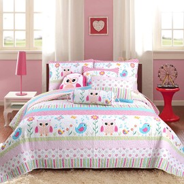 Cozy Line Home Fashions Spring Time Fun Singing Birds Owl Floral Heart Polka Dot 3-Piece Multi-Color Pink Blue Green Stripe Polyester Reversible Queen Quilt Bedding Set