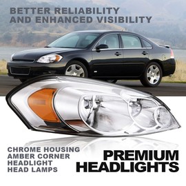 PIT66 Headlight Assembly Compatible with 2006-2013 Chevy Impala / 14-16 Impala Limited / 06-07 Monte Carlo Halogen Front Headlamps Accessories Clear lens