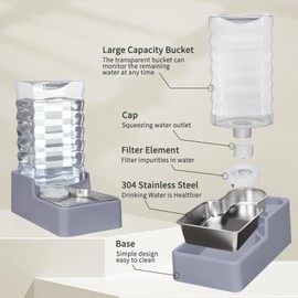 Sfozstra Dog Water Bowl Dispenser: 9L Lagre Automatic Gravity Pet Light Gray Water Dispenser - Stainless Steel Bowl - BPA-Free for Multiple Pets