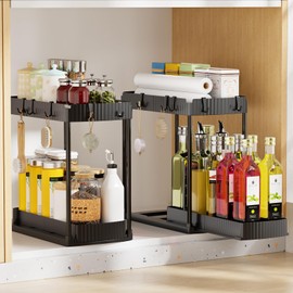 2 Pack Under Sink Organizer, Multi-Purpose Pull Out Cabinet Organizer and Storage for Bathroom & Kitchen, 2 Tier Sliding Cabinet Organizer Drawer