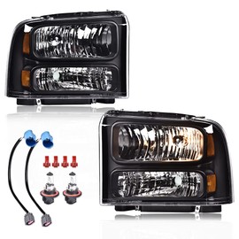 DOTCOM Headlights Assembly Compatible with 99-04 Ford F250 F350 F450 F550 Super Duty/00-04 Excursion Headlamp, Clear lens Black Housing Amber Reflector(Professional installation and drilling required)