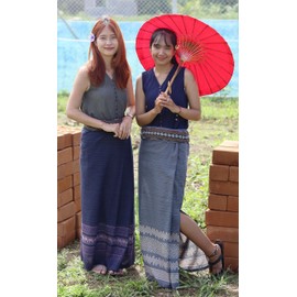 RaanPahMuang Falda de tubo tailandés de algodón mixto con cinturón floral, Elefante en zigzag - Azul Oscuro, XL