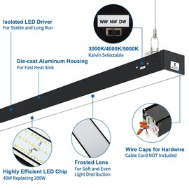 DAKASON 4FT Linkable LED Linear Light, 40W Shop Light for Garage Ceiling, Commercial Linear Lighting Fixture for Office, 4’ LED Tube Light for Warehouse, 3CCT, Dimmable 1Pack
