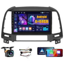 【4+64GB】 Double din for Hyundai Santa Fe 2006-2012 Car Stereo with Android Auto, 1080P Touch Screen Radio Bluetooth/FM/SWC/Mirror Link Backup Camera MIC
