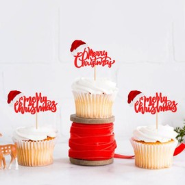 Keaziu - 24 piezas de decoración de magdalenas de Feliz Navidad, sombrero rojo de Santa, púas de magdalenas, decoraciones de Navidad, decoración de pasteles, suministros de decoración de pasteles, sombrero rojo 1