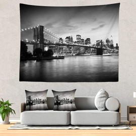 Batmerry New York Black and White Tapestry, Black White Brooklyn Bridge NYC New York Picnic Mat Hippie Trippy Tapestry Wall Art Meditation Decor for Bedroom Living Room Dorm, 51.2 x 59.1 Inches, White