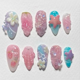 30Pcs Cute Press on Nails Medium Almond Fake Nails with 3D Flower Butterfly Rhinestones Designs Strawberry Starfish Glue on Nail Summer Floral False Nail Full Cover Stick on Nails for Women