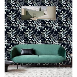 HAOKHOME 93042-3 Peel and Stick Wallpaper Black/Grey Eucalyptus Leaf Floral Wall Mural Home Nursery Boho Decor 17.7in x 6.6ft