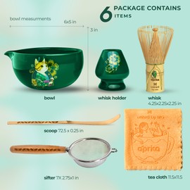 Aprika Life Matcha Whisk Set - Ceramic Spouted Matcha Bowl, Matcha Whisk (Chasen), Holder, Bamboo Matcha Scoop, Sifter, Tea Cloth - 6 Pcs Cute Matcha Kit with Cat Design - Green Matcha Set in Gift Box