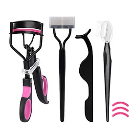 4 en 1 Rizador de pestañas, kit de rizadores de pestañas para mujer, incluye rizador de pestañas, cepillo de pestañas, pinzas de extensión de pestañas, cepillo de cejas y peine, almohadillas de repuesto de silicona para pestañas naturales