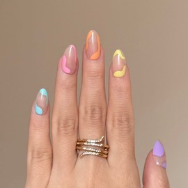 Fomkrio Colorful Swirl Print Short Press On Nails Almond Acrylic Fake Nails with Designs Spring Summer Nails for Women Girls, 15 Sizes - 30Pcs Manicure Nail Kit
