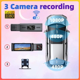 JESWO DashCam WiFi para Auto, 3.16'' HDR 1080P Cámara Carro Delantera Trasera Interior con Vigilancia en Estacionamientos 24H, Tarjeta SD 64GB, Control de App, Visión Nocturna, G-Sensor, WDR