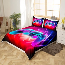 Gaming Duvet Set, Boys’ Games Room Home Decor Quilted Duvet, Blue/Purple/Red Gamepad Bedding Set, Action Buttons, Gamer, Novelty Game Console Bedding, 135 x 200 cm