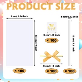 Wavwavw 100 Sets Clear Rice Treat Bags with Ribbon Bow and Thank You Stickers Clear Flat Cellophane Treat Candy Bags for Rice Treats Bag Giving Gift(Gold)