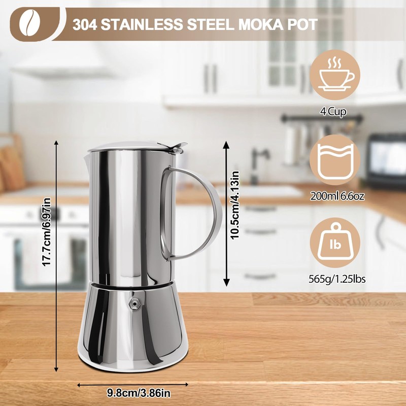 Uncoated 4 Cup Moka Pot 304 Thickened Stainless Steel Coffee