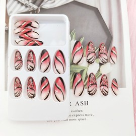 Medium Press on Nails Almond Black Butterfly French Tip Nails Acrylic False Nails with Red Gradient Swirl Design Artificial Fake Nails Reusable Gel Stick on Nails for Women