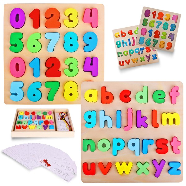Wooden Alphabet Puzzle & Number Puzzle and Flash Cards Set