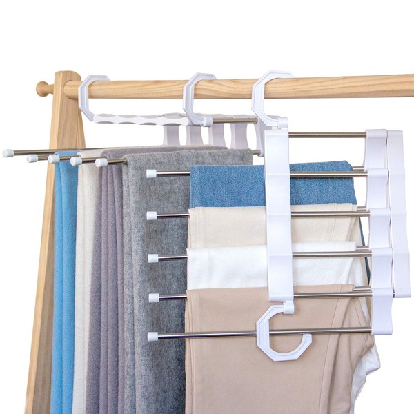SOSOPIN Pants Hanger, Foldable Pants Hanger, Multi-functional Slack Hanger, Wrinkle Resistant, Closet Storage, Space Saving, 5 Tiers (White, Set of 2)