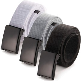 Cut To Fit Canvas Web Belt Size Up to 52" with Flip-Top Solid Black Military Buckle (3 Pack Black/Natural/Grey)