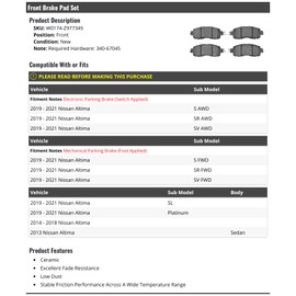 Marketplace Auto Parts Front Ceramic Brake Pad Set - Compatible with 2013-2021 Nissan Altima