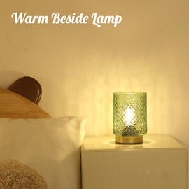 LUSHARBOR Battery Operated Lamp with Timer, Small Table Lamp for Shelf Decor, Glass Cordless Lamps Bedside Cozy Light for Living Room/Coffee Table/Entryway Diamond Design-Green