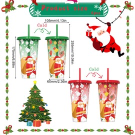 Colour Changing Cup 4 Pcs Plastic Christmas Cups Reusable Travel Tumblers with Lids and Straws Iced Coffee Cup Cold Water Drink Change Cups, 710ml