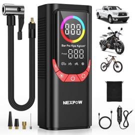 NEXPOW NP17 Portable Air Compressor, 150 PSI Digital Tire Inflator, Fast Inflation with Auto Shut-Off, LED Light, Multiple Nozzles for Car, Bike, and Ball, Compact Design, Red
