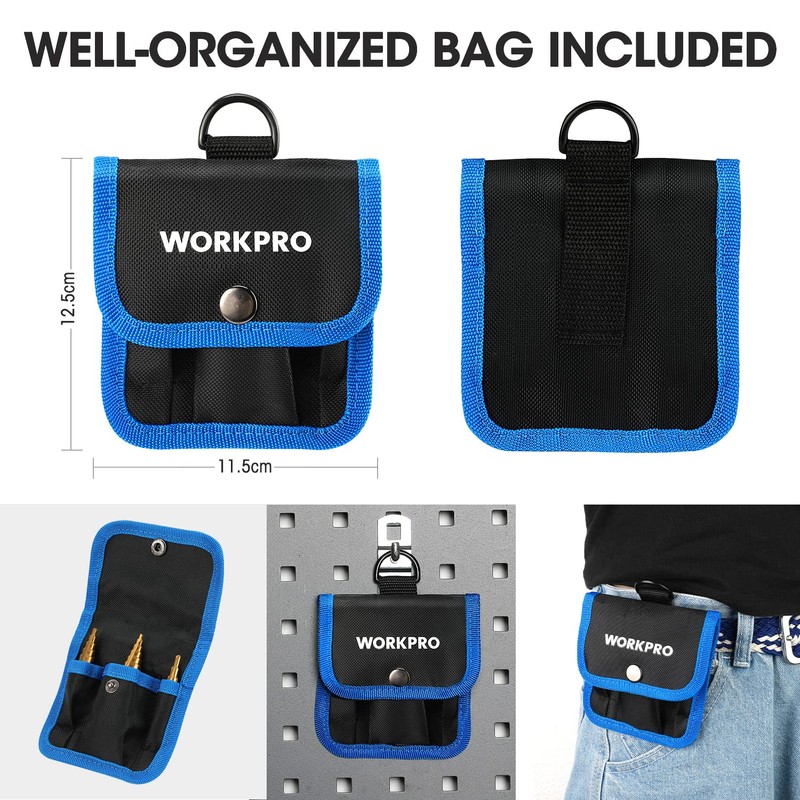 WORKPRO 3-Piece Step Drill Bit Set, 1/4" Hex Shank Quick