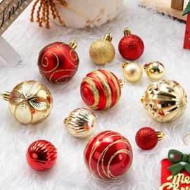 FlameFlash 100Pcs Christmas Ball Ornaments Set, Shatterproof Plastic Red and Gold Christmas Ornaments for Xmas Tree, Assorted Baubles Hanging Decorations for Holiday/Party/Wedding