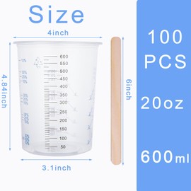 Oungy 100PCS Plastic Mixing Cups for Epoxy Resin 600ml (20oz) Disposable Mixing Cups with 100 PCS Wooden Mixing Sticks Clear Graduated Plastic Measuring Cups for Mixing Paint Pigments Epoxy Resins