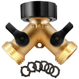 IPOW Brass Heavy Duty 2 Way Y Valve Garden Hose Splitter Adapter High Flow Spigot Splitter + 6 Rubber Hose Washers with Comfort Grip Use