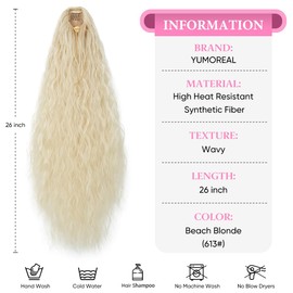 YUMOREAL Drawstring Ponytail Extension 26inch Long Fluffy Wavy Hairpiece for Black Women Curly Pony tails Hair Extensions for Daily Use Beach Blonde