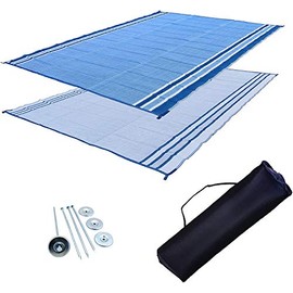 EZ Travel Mats 9x18 RV Patio Mat | Outdoor Leisure w/complete Kit | Blue Ocean Strip