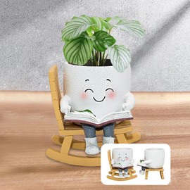 Toparad Smily Face Rocking Chair Reading Book Planter Pots, Cute Resin Flower Head Succulent Planters for Indoor Plants, Gift IdeaI for Mother Christmas Birthday with Drainage Hole