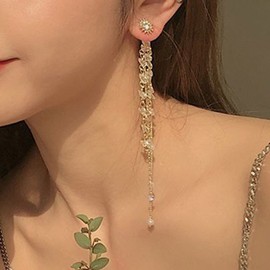 Aneneiceera Long Tassel Pearl Drop Earrings Gold Tiny Crystal Pearl Chandelier Dangle Earrings Wedding Brial Pearl Tassel Earrings Statement Pearl Beaded Dangle Earrings Jewelry for Women and Girls