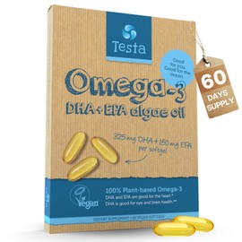 Testa Omega-3 Supplement - Vegan Based Omega 3 DHA EPA Capsules from Algae - Omega 3 Fatty acids - Supports Heart, Brain & Joint Health - Plastic Negative, RTG, and Kosher - Two Months Supply