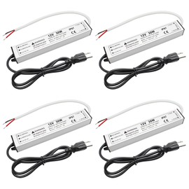 30W 12 Volt LED Power Supply, Waterproof IP67 Driver, 110V AC to 12V DC Converter, Transformer Low Voltage Output With 3-Prong Plug 3.3 Feet Cable for Light Strip, 2.5Amp, 4Pack