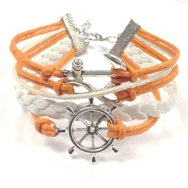 Wrapables Vintage Leather Rope Infinity Bracelet – Anchor, Infinity, Ship’s Wheel, Orange