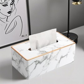 KINGFOM Rectangular PU Leather Tissue Box Holder, Facial Tissue Case Napkin Dispenser for Home Office Car Automotive Decoration with Gold Line(Gray Marble)