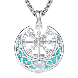 Viking Compass Necklace for Men Women 925 Sterling Silver Pendant Aegishjalmur The Helm of Awe Crescent Moonstone Celtic Knot Runes Amulet Turquoise Jewelry Gifts for Daily Wear Faith Lover